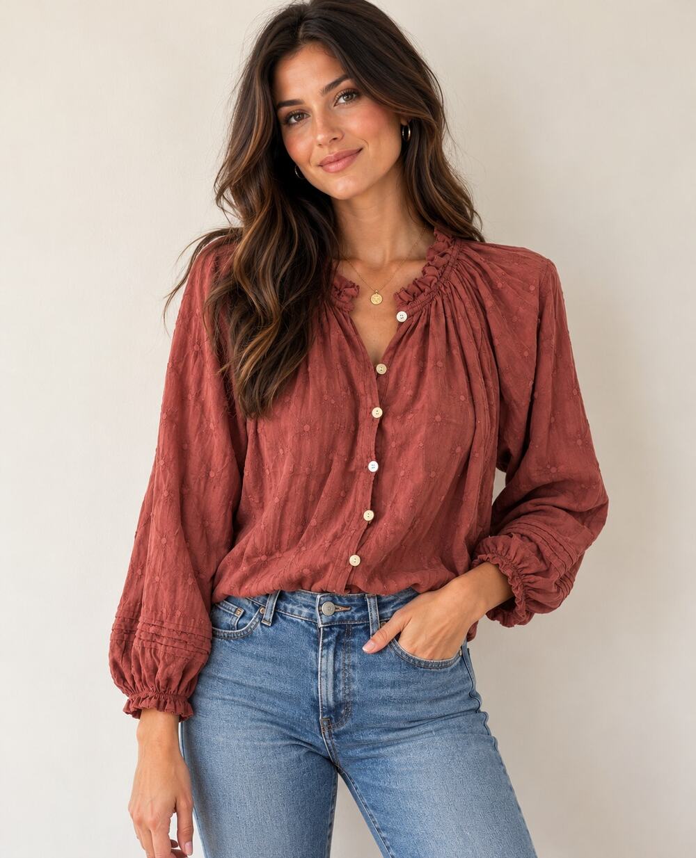 Cleobella Rust Eyelet Ruffle Collar Button-Front Blouse M